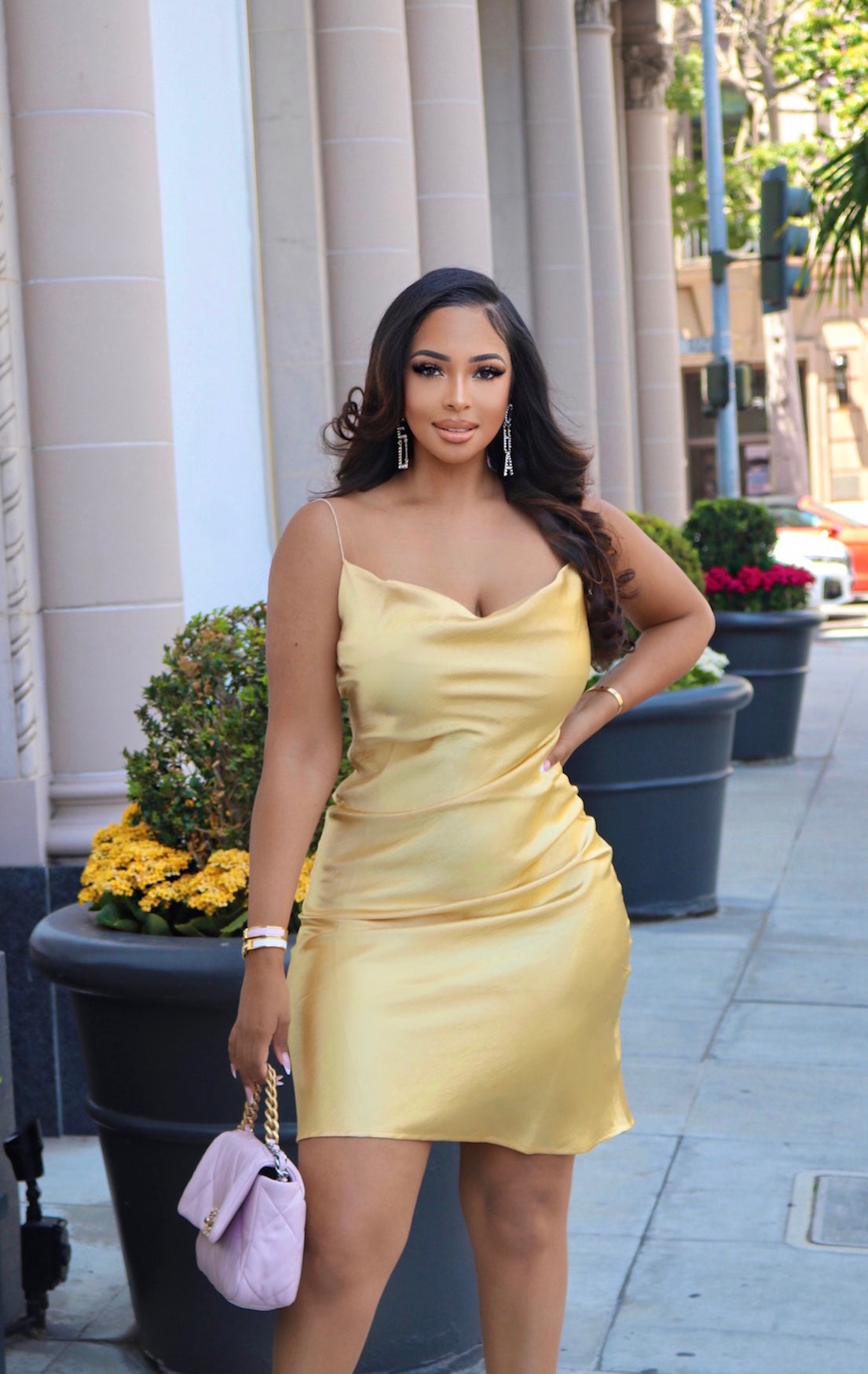 satin yellow mini dress Set The Tone Mini Dress