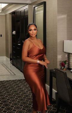 Lady Like Satin Maxi Dress | Bronze
