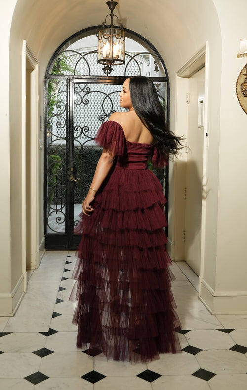 Allure Off the Shoulders Ruffle Maxi Dress | Wine