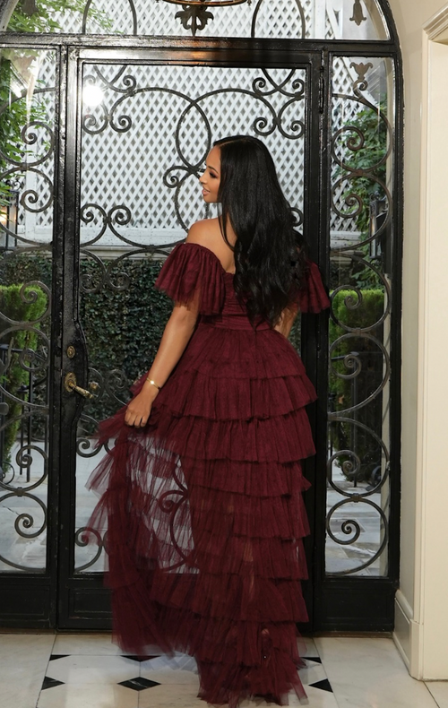 Allure Off the Shoulders Ruffle Maxi Dress | Wine